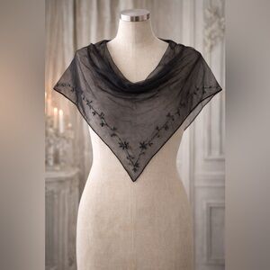 Sheer Black Beaded Triangle Shawl Wrap / Evening Scarf / Statement Accessory